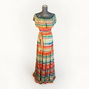 Flying Tomato new Womens S Rainbow Serape Stripe Off Shoulder Tiered Maxi Dress